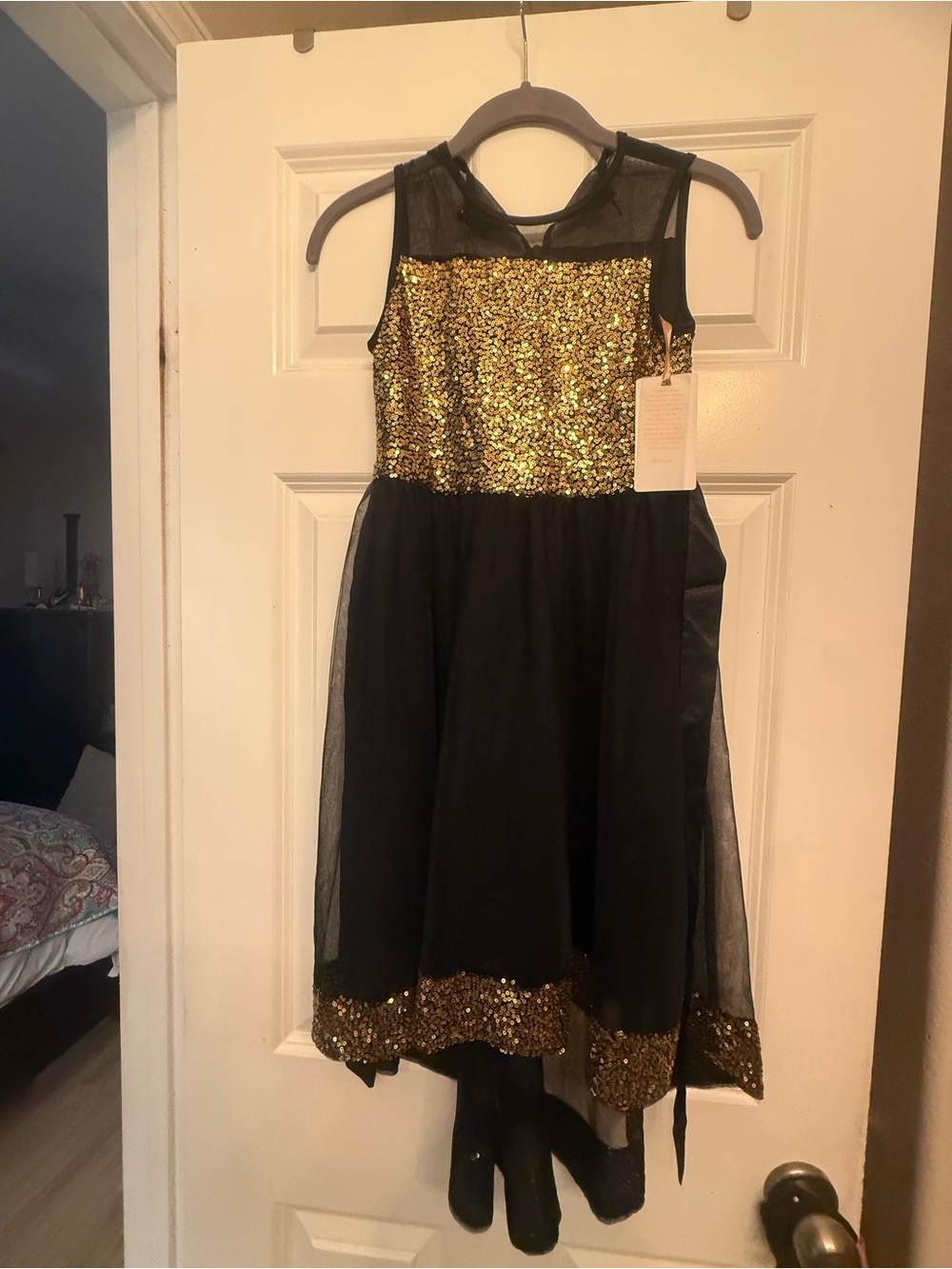 Girls Black and Gold Sequin Party Costume Dress